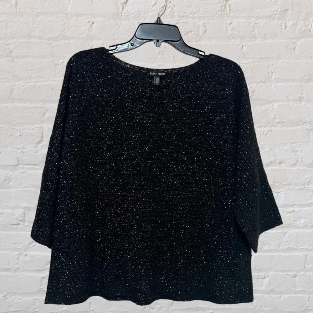 Eileen Fisher Bateau Neck Top Blouse Merino Wool Blend Metallic Women’s M Black